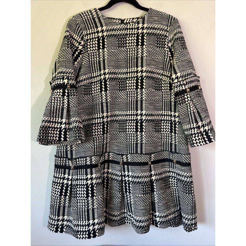 Tuckernuck Kennedy Black White Check Bell Sleeve Drop Waist Dress Size Medium M